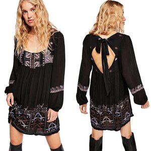 Free People Rhiannon Embroidered Babydoll Dress Size XS Black Purple Boho New